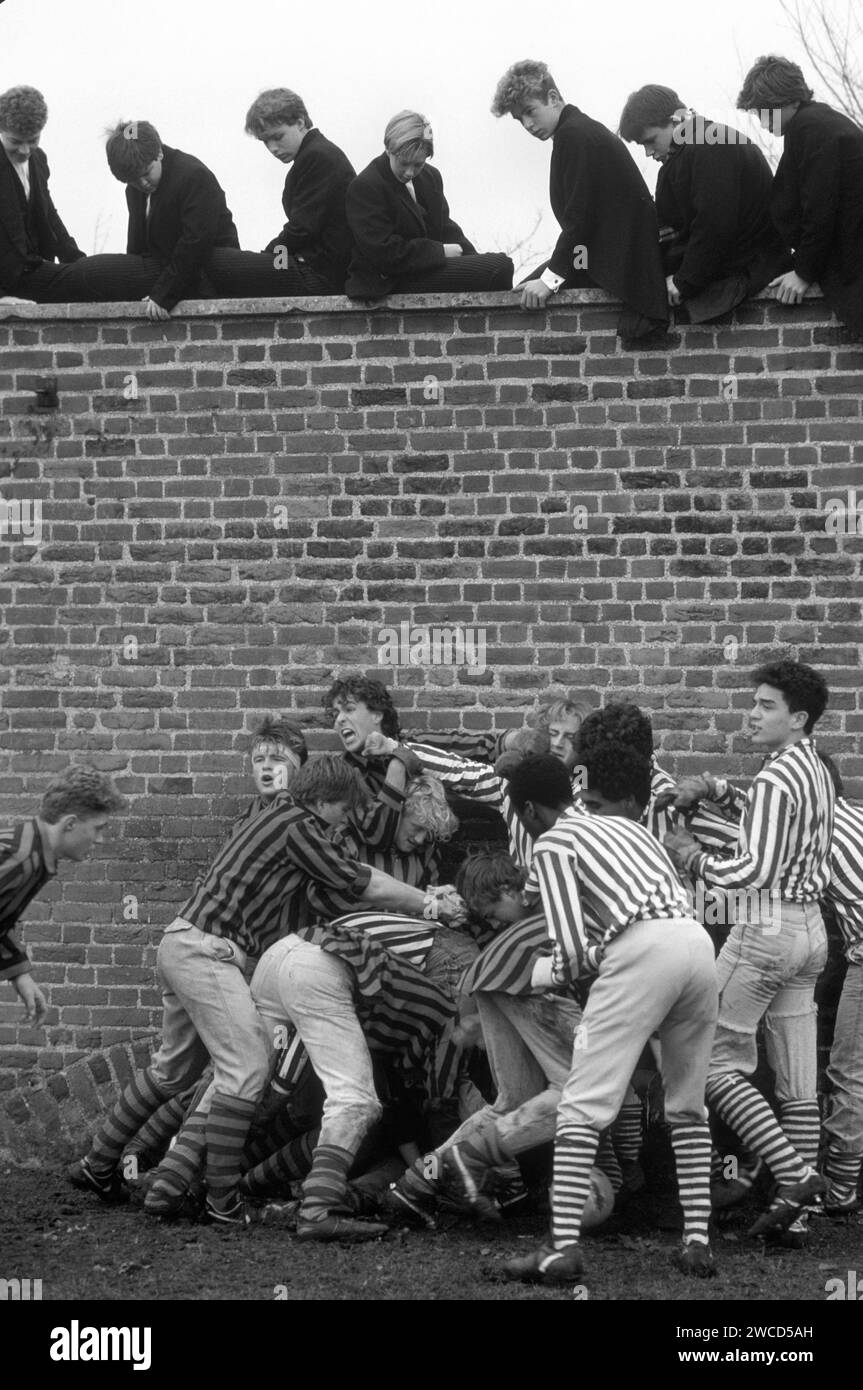 Eton College, near Windsor Berkshire. Eton schoolboys playing the unique annual Wall Game. Played annually in November, between the Collegers (King's Scholars - bursary boys) who take on the Oppidans (the rest of the school). Although College has only 70 boys to pick from, compared to the 1250 or so Oppidans. 1980s UK Stock Photo