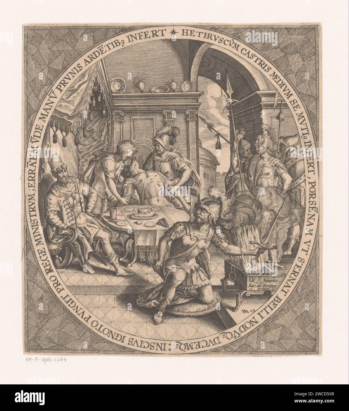 Caius Mucius Scaevola puts his hand in the fire, Jakob de Zetter, after monogrammist CK, 1583 - 1650 print After accidentally killing the secretary of the Etruscan king Lars Porsenna, Caius Mucius Scaevola puts his hand in an altar fire to show how little he attaches to his own life. Germany paper engraving Gaius Mucius Scaevola before Porsena: he thrusts his right hand into the flames (the body of the king's secretary who erroneously had been killed instead of Porsena may be seen lying on the ground) Stock Photo