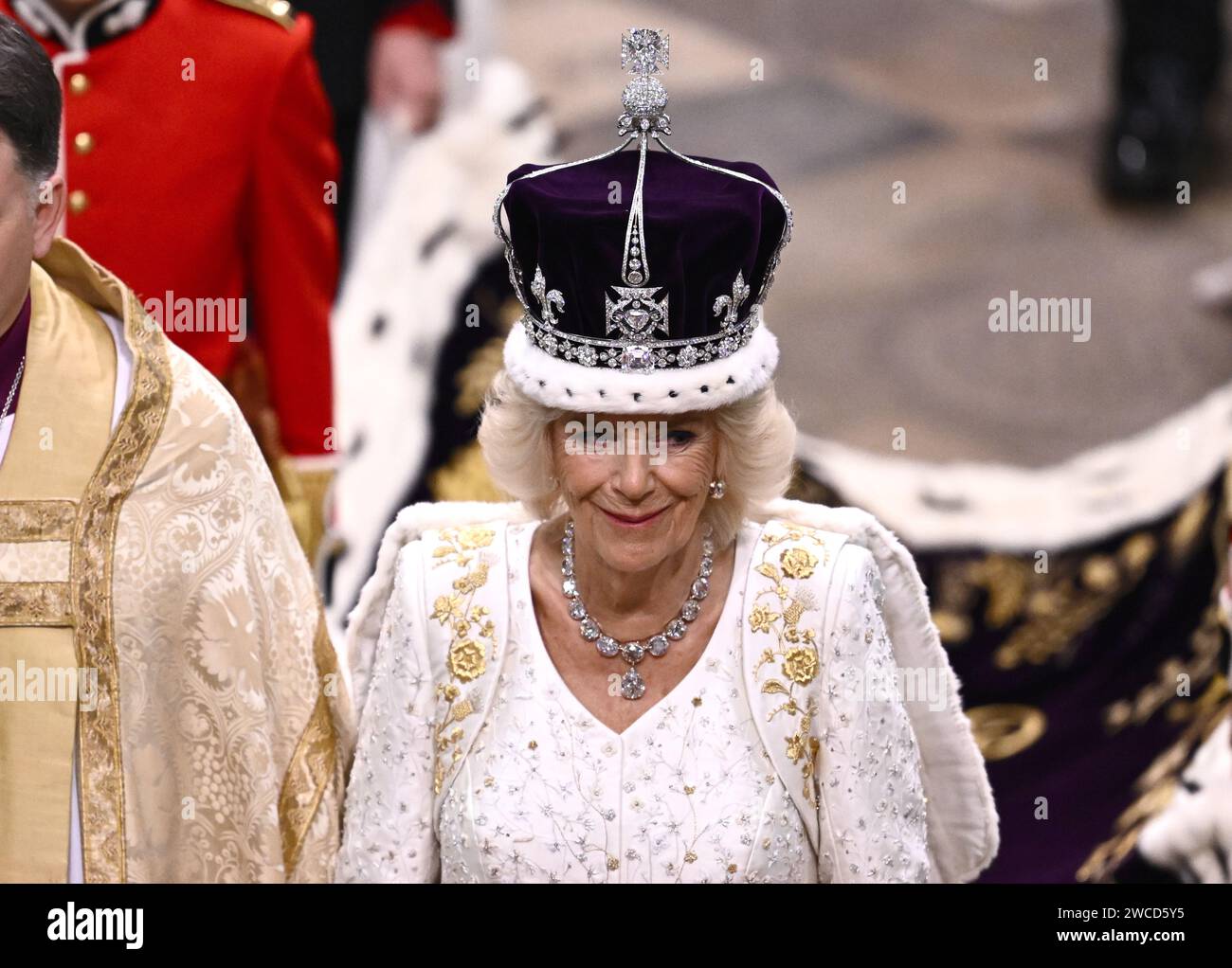 File photo dated 06/05/23 of Queen Camilla leaving Westminster Abbey in
