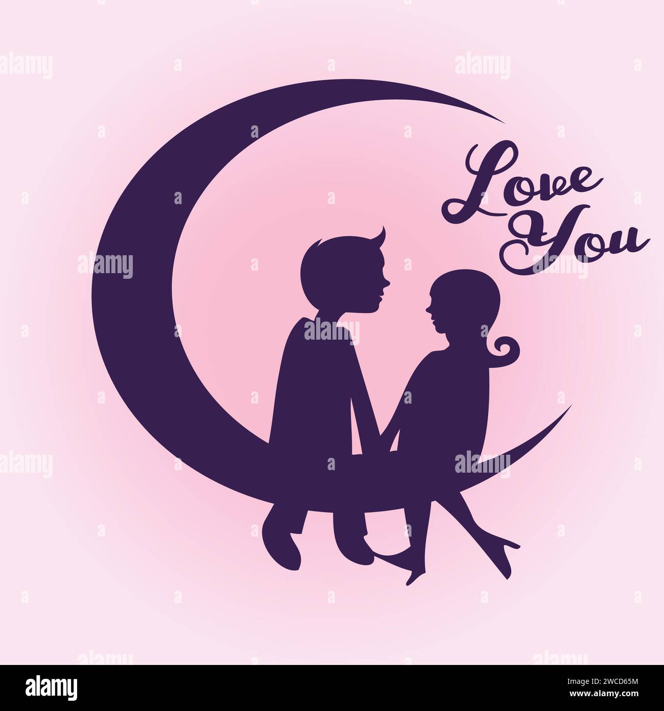 Vector illustration silhouette of couple sitting on moon on pink ...