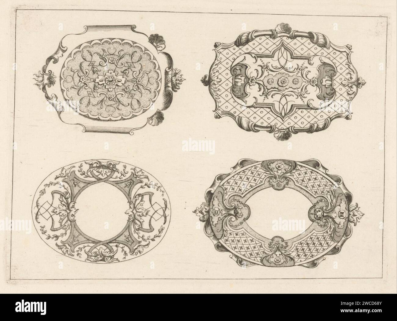 Ornamented lids, anonymous, after Jean Mariette, 1670 - 1725 print Four lids of snuff boxes with ...