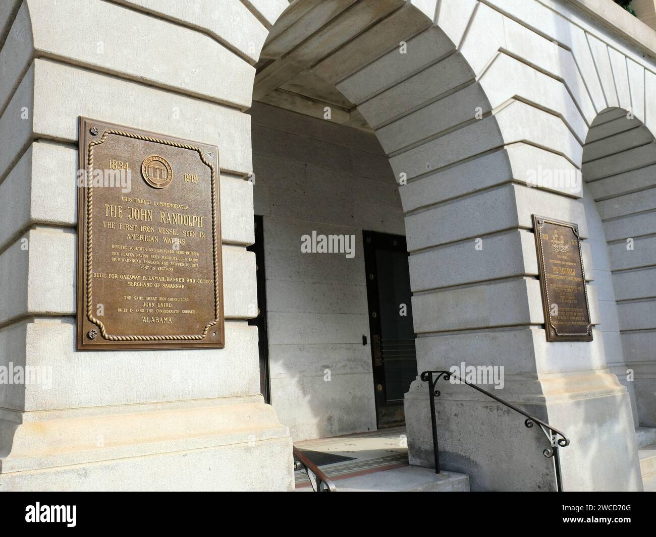 Brass plaque on the steps of the Savannah, city hall