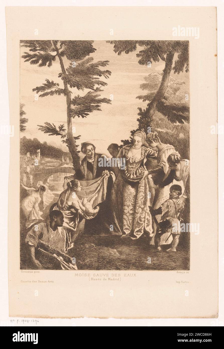 Moses Saved from the Nile, Joaquín Araujo Ruano, After Paolo Veronese, 1860 - 1894 print The daughter of the Pharaoh and her maid find Moses in a piping basket on the banks of the Nile. print maker: Spainafter painting by: Italyprinter: Paris paper etching Moses is pulled out of the water by the servants. container made of plant material other than wood: basket Stock Photo