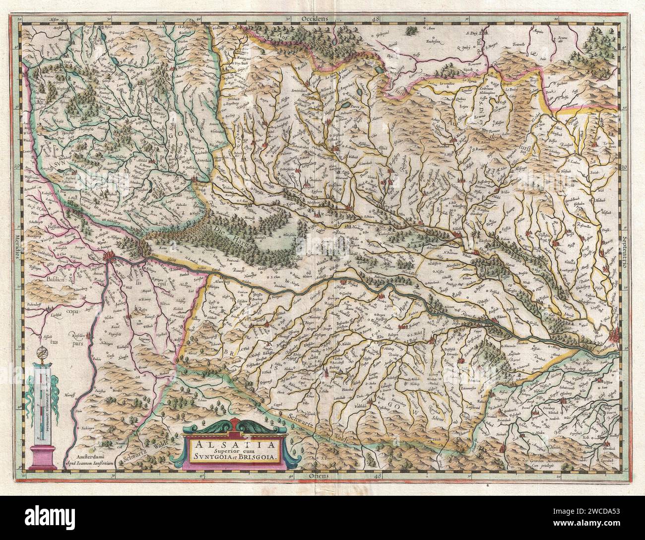 Jansson's 1644 map of Upper Alsace, France. This west-facing map covers the Rhine Valley from Basel to Strasbourg. It shows numerous cities, villages, forests and tributaries. The topography and the main cities are shown in profile. Published in Amsterdam by Jan Jansson for the 1644 edition of the Nouvel Atlas ou Theater du Mondre Stock Photo