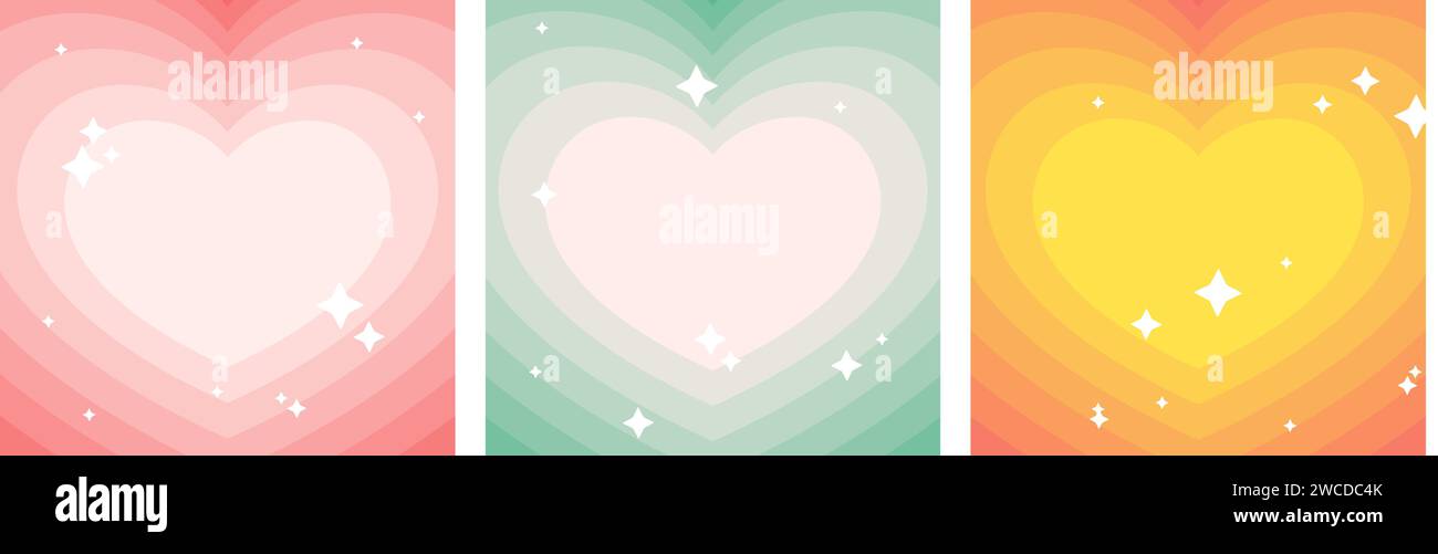 Romantic Vibes Vector Tunnel of Pink, Green and Orange Hearts. A Nostalgic Square social media template in the Style of the 2000s, Y2K. Space for text Stock Vector