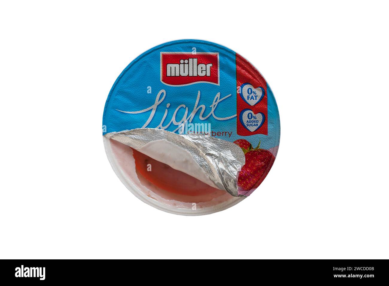 pot of Muller light strawberry fat free yogurt opened with lid peeled back isolated on white