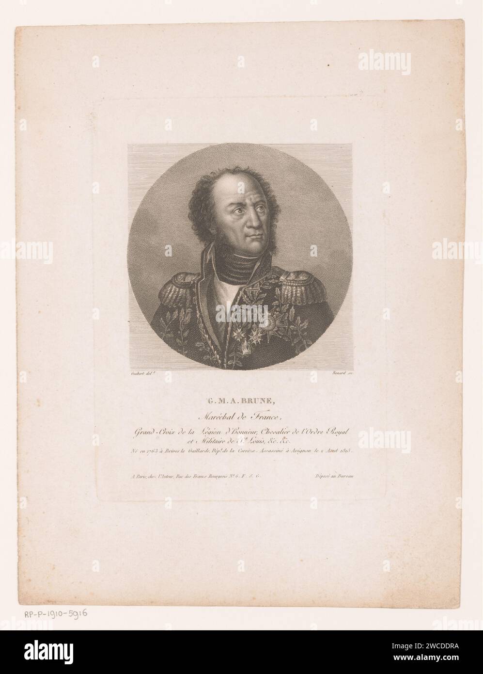 Portret van Guillaume-Marie-Anne Brune, Johann Renard, after François Guibert, 1782-1814 print  Paris paper etching historical persons. commander-in-chief, general, marshal Stock Photo