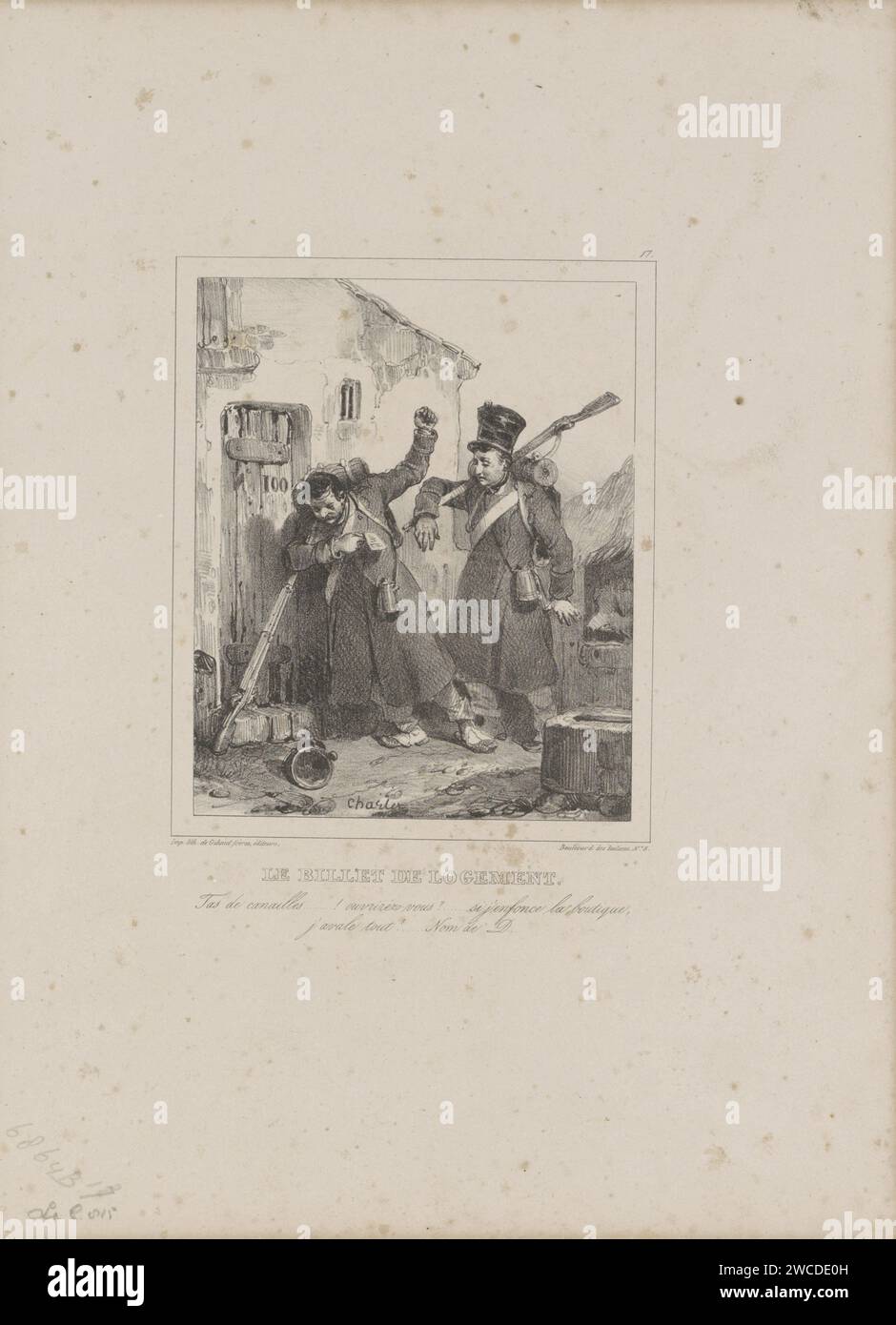 Quartering, 1832, 1832 - 1833 print Two French soldiers at the door of a house for their quartering. At the time of the siege of the Citadel of Antwerp, November-December 1832. Part of a series of twenty magazines from 1833 with performances of the military intervention of the French Northern Army in Belgium in 1832. Paris paper  providing quarters, requisition of space Stock Photo
