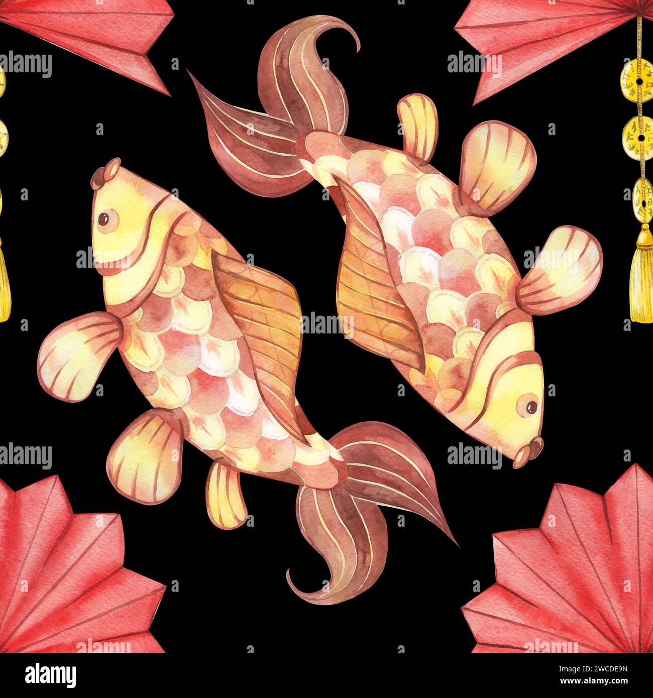 Seamless pattern on the theme of Chinese New Year 2024. Paper lanterns and carps in red and yellow colors hand-drawn in watercolor Stock Photo