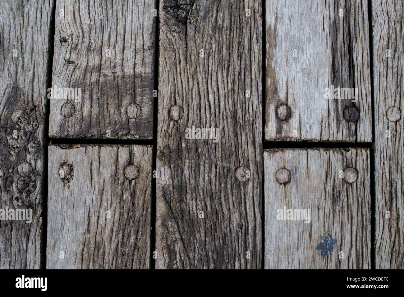An aged wooden fence displaying a series of nails, some of which are absent Stock Photo