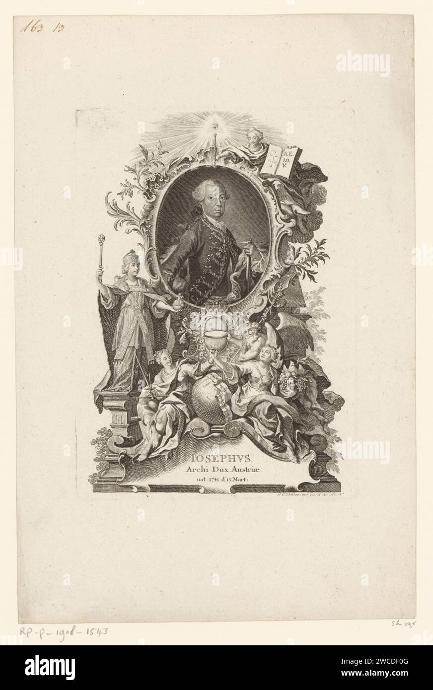 Portrait of Joseph II, Roman -German Keizer, Johann Esaias Nilson, 1746 - 1788 print  Augsburg paper engraving / etching historical persons. insignia of the pope, e.g. tiara. Justitia (justice) as Roman personification. Father Time, man with wings and scythe. Peace and Justice kissing (cf. Ps. 85:10). armour. baton of general. knighthood order of the Golden Fleece - insignia of a knighthood order, e.g.: badge, chain (with NAME of order). globe. serpent Ouroboros Stock Photo