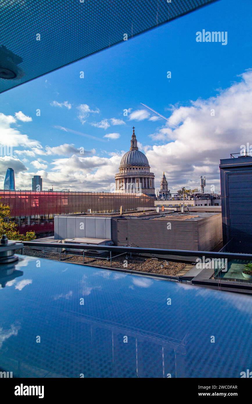 An unusual view of St Paul's Cathedral at New Change in the City of London from Wood Street Stock Photo