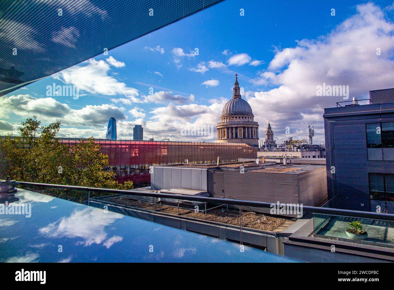 An unusual view of St Paul's Cathedral at New Change in the City of London from Wood Street Stock Photo