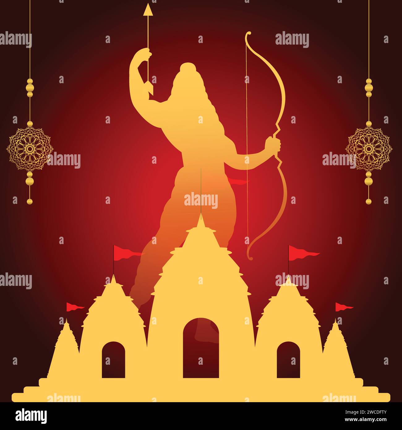 Silhouette of Lord Shri Ram With Ayodhya Ram Mandir on red background Stock Vector