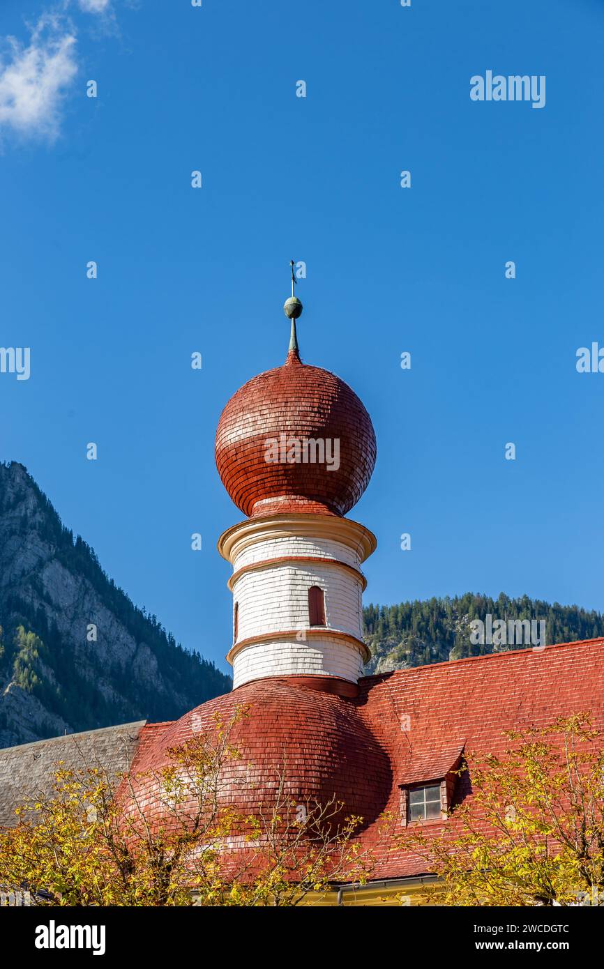 Close-Up of Tower of Church Sankt Bartholomae on the shore of Lake Königssee, Germany, Europe Stock Photo