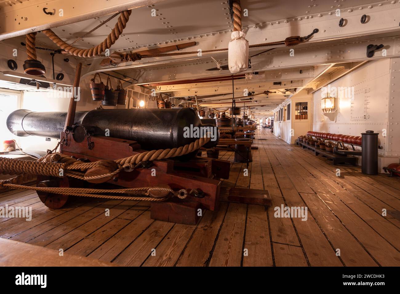 Gun deck on HMS Warrior, in Portsmouth historic dockyard, showing
