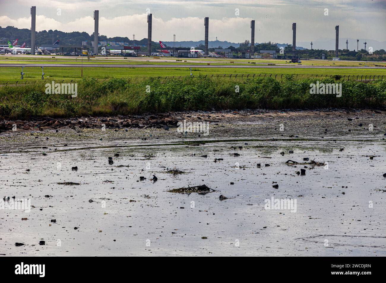 Litter, waste products discarded incorrectly, without consent, at an unsuitable location in Guanabara Bay beside Rio de Janeiro international airport. Stock Photo