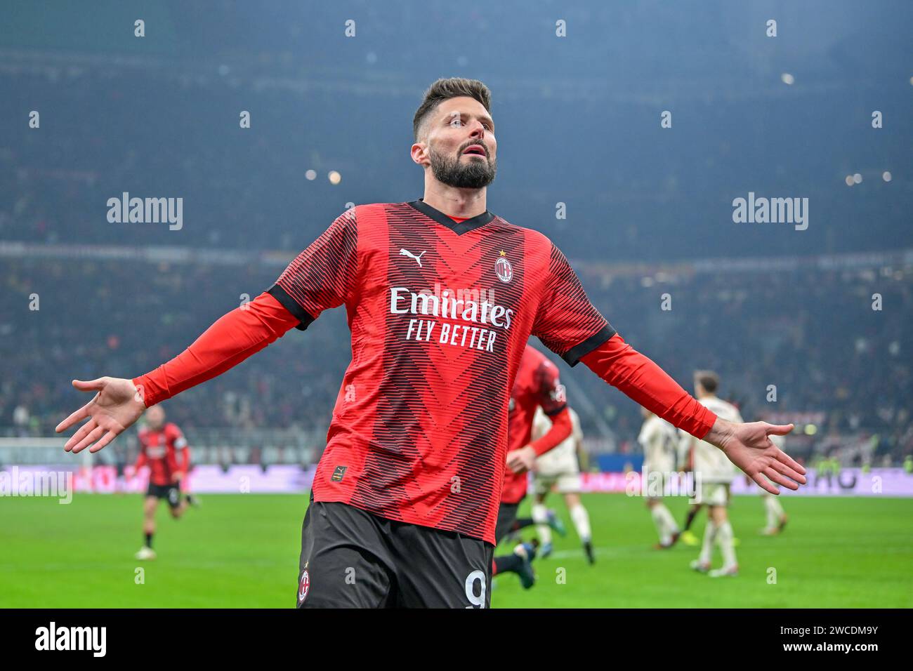 Milano, Italy. 14th Jan, 2024. Olivier Giroud (9) of AC Milan scores