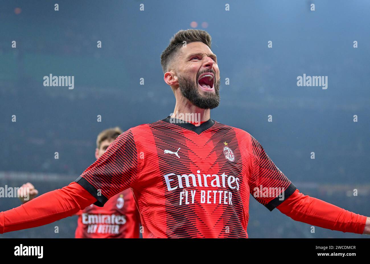 Milano, Italy. 14th Jan, 2024. Olivier Giroud (9) of AC Milan scores