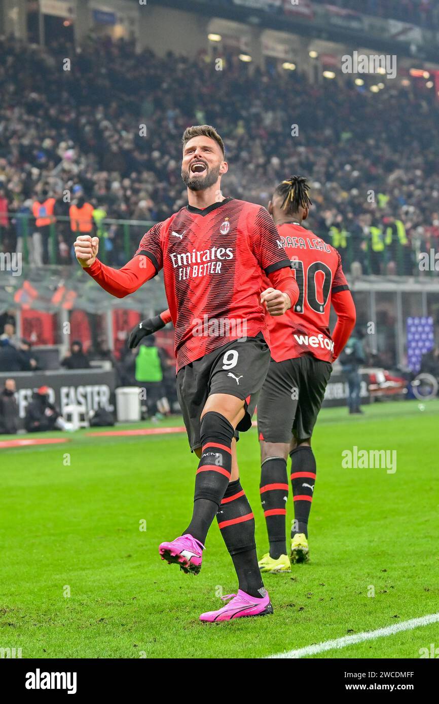 Milano, Italy. 14th Jan, 2024. Olivier Giroud (9) of AC Milan scores