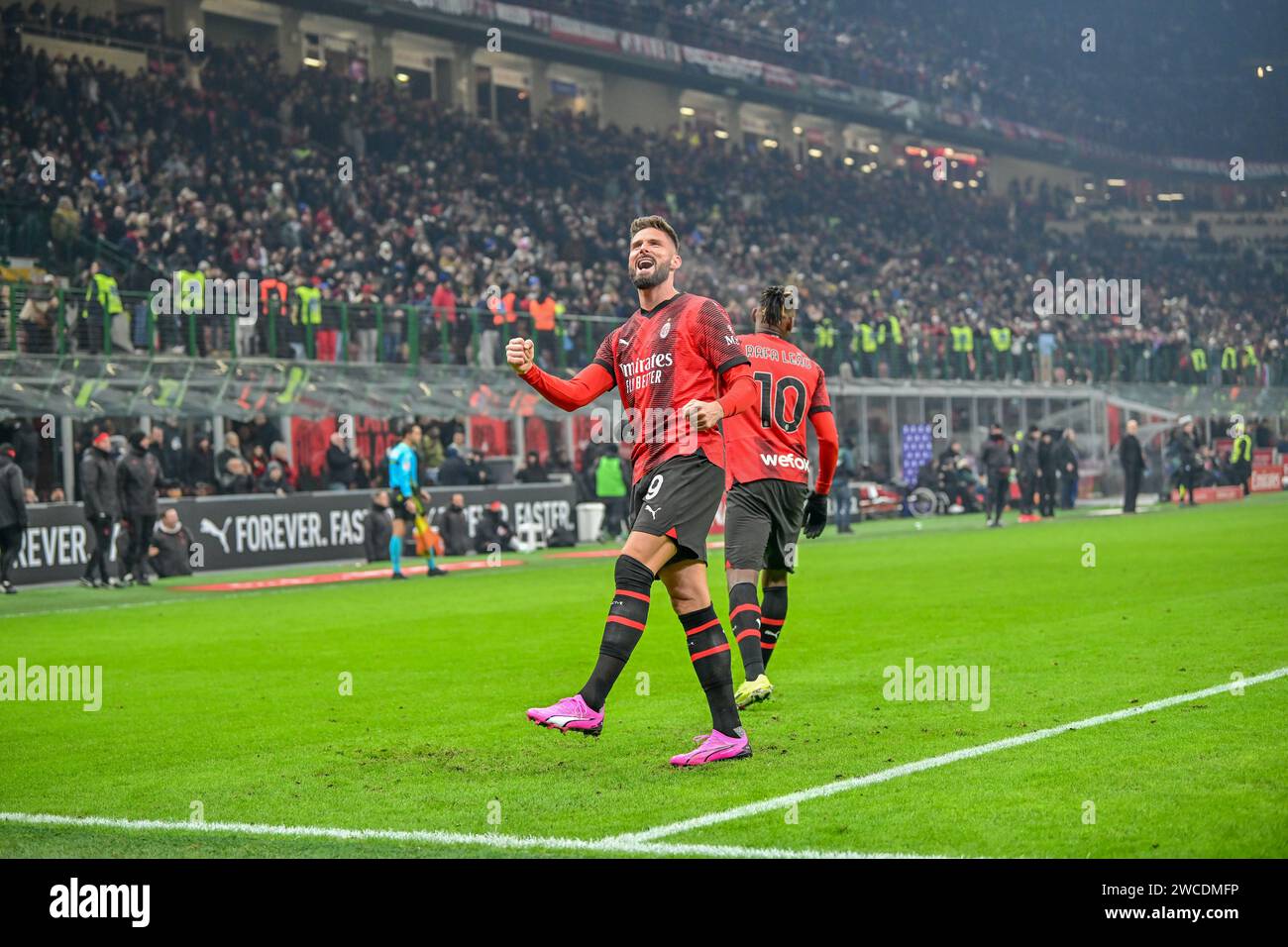 Milano, Italy. 14th Jan, 2024. Olivier Giroud (9) of AC Milan scores