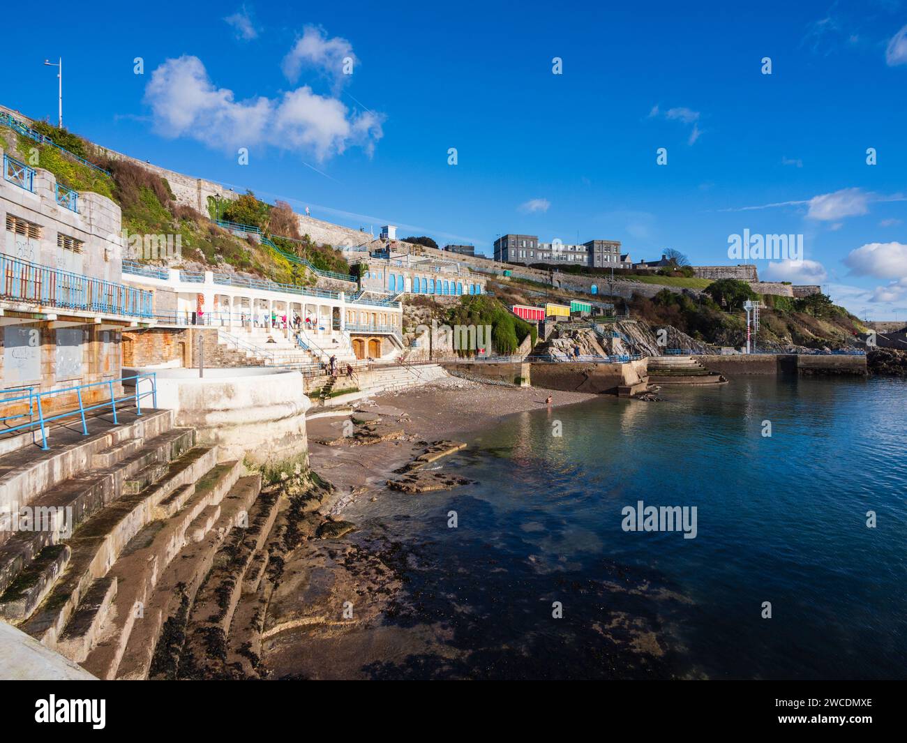Plymouth Sound foreshore in January sunshine with steps and terraces built into the limestone of Plymouth Hoe, Devon, UK Stock Photo