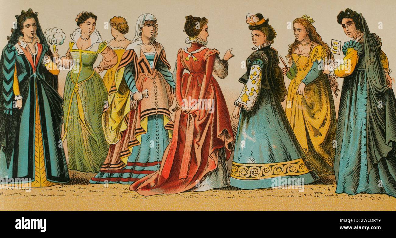 History of Italy. 1500-1600. Madam's dresses. 'Historia Universal', by César Cantú. Volume VII, 1881. Stock Photo