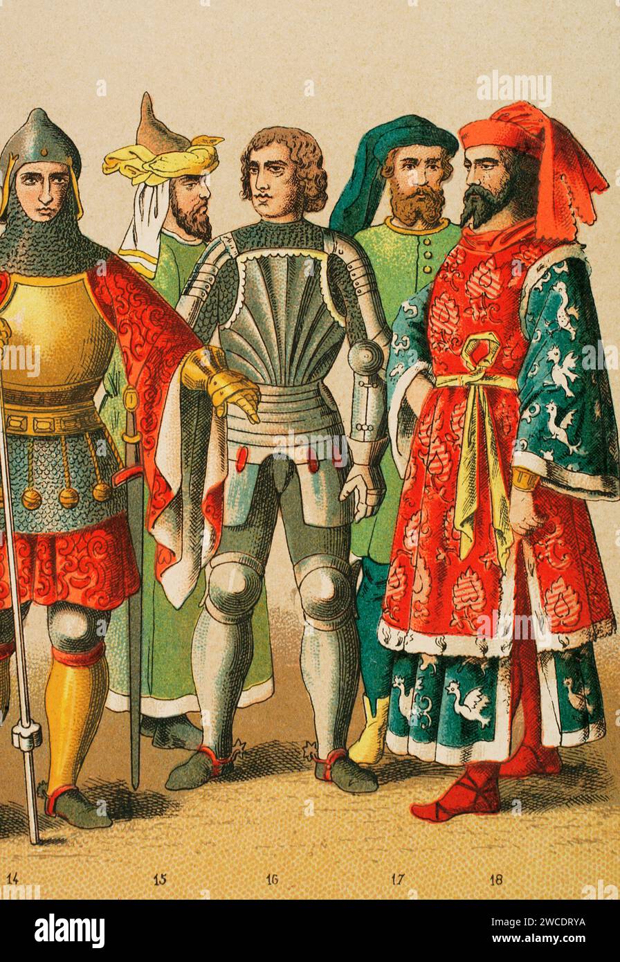 History of Germany. Middle Ages. 1400-1450. From left to right, 14: knight, 15: nobleman, 16: knight, 17-18: noblemen. Chromolithography. 'Historia Universal', by César Cantú. Volume VII, 1881. Stock Photo