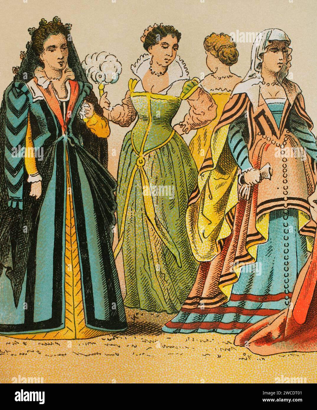 History of Italy. 1500-1600. Madam's dresses. Chromolithography. 'Historia Universal', by César Cantú. Volume VII, 1881. Stock Photo