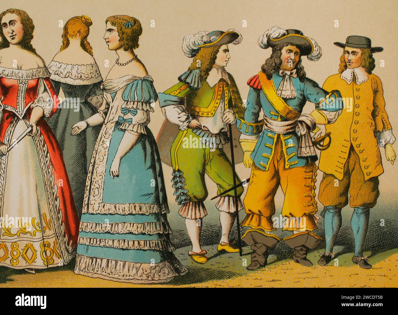 History of France. 1600-1670. From right to left, 1: merchant, 2: soldier, 3: knight, 4-5-6: noblewomen. Chromolithography. "Historia Universal", by César Cantú. Volume VIII, 1881. Stock Photo