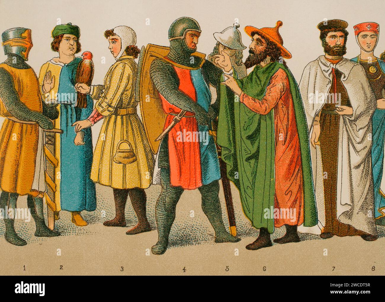 History of Germany. Middle Ages. 1200. From left to right, 1: knight, 2: physician, 3: falconer, 4: knight, 5-6: Jews, 7: Knight of the Teutonic Order, 8: noblewoman. Chromolithography. 'Historia Universal', by César Cantú. Volume X, 1881. Stock Photo