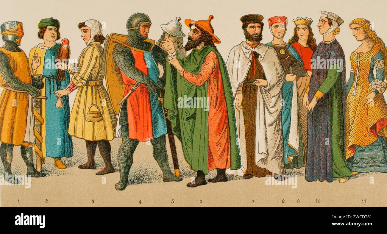 History of Germany. Middle Ages. 1200. From left to right, 1: knight, 2: physician, 3: falconer, 4: knight, 5-6: Jews, 7: Knight of the Teutonic Order, 8-9-10-11: noblewomen. Chromolithography. 'Historia Universal', by César Cantú. Volume X, 1881. Stock Photo
