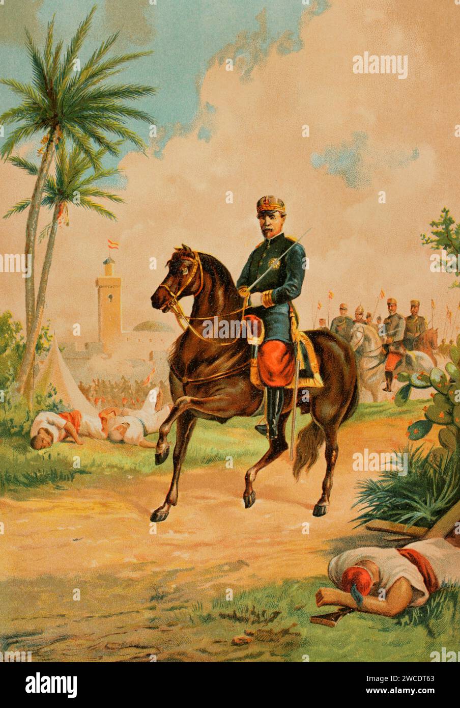 Leopoldo O'Donnell (1809-1867). Spanish military and politician. President of the Spanish government on several occasions after Espartero's Progressive Biennium (1854–1856). Equestrian portrait on the occasion of his participation in the Hispano-Moroccan War (1859-1860), taking command of his troops at the Battle of Tetuan on 4 February 1860. Chromolithography. "Historia Universal", by César Cantú. Volume X, 1881. Stock Photo