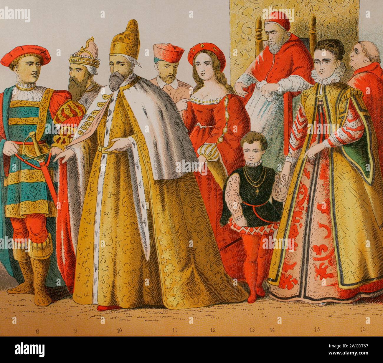 History of Italy. 1500. From left to right, 8: Venetian knight, 9-10: Doge of Venice, 11: cardinal, 12-13: high-class ladies, 14: Pope Julius II, 15: high-class lady, 16: cardinal. Chromolithography. 'Historia Universal', by César Cantú. Volume VIII, 1881. Stock Photo