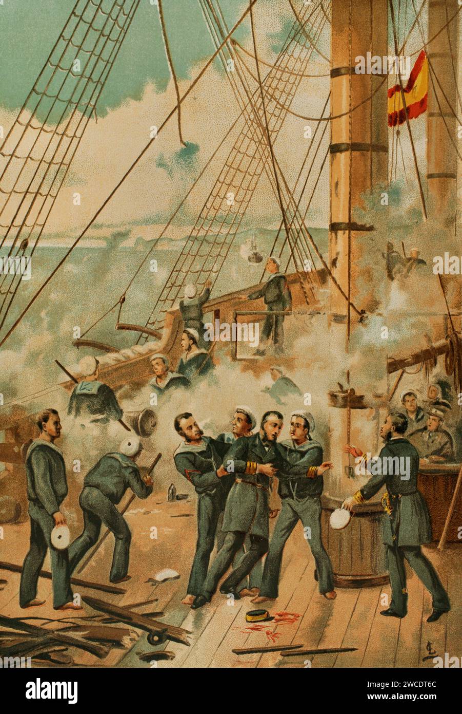 Spanish-South American War. Battle of Callao (2 May 1866). Confrontation in the Peruvian port of Callao between the Spanish fleet, under the command of Admiral Casto Méndez Núñez (1824-1869), and the fortified Peruvian battery emplacements which defended the port. Casto Méndez Núñez wounded during the battle. Chromolithography. 'Historia Universal', by César Cantú. Volume X, 1881. Stock Photo