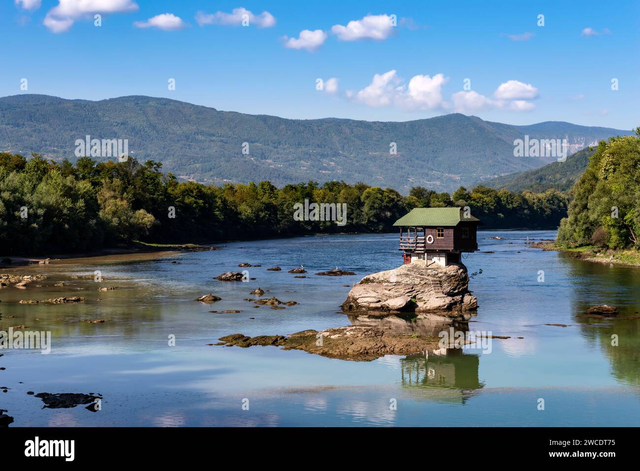 Famous small wooden house on a rock in the middle of river Drina in Bajina Basta, Serbia. Stock Photo