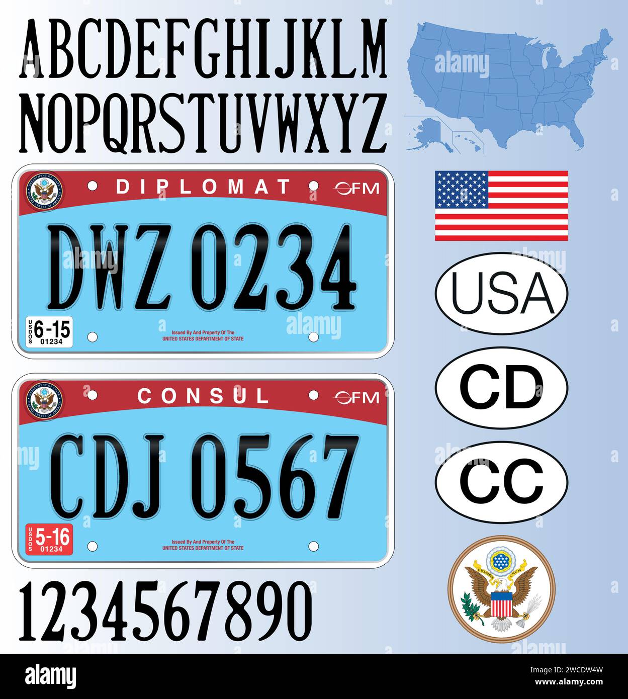 Diplomatic and Consular US license plate, letters, numbers and symbols