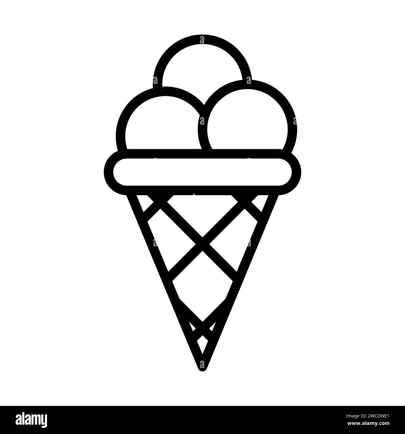 Vector black line icon ice cream in a waffle cone isolated on white ...