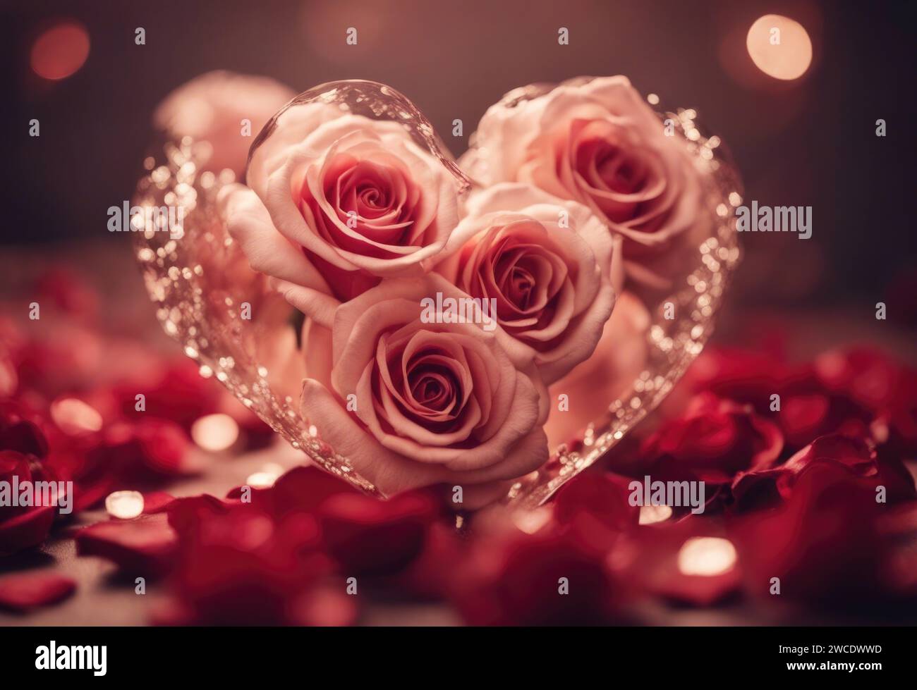 An AI illustration of a beautifully arranged bouquet of red roses in a glass vase, shaped into the form of a heart, placed on a wooden table Stock Photo