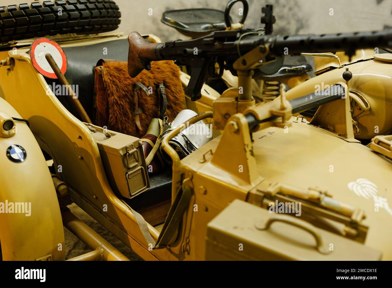 American Heritage Museum - Hudson, Massachusetts. A German Nazi Kettenkrad Italeri 7404 combat motorcycle and sidecar with machine gun mounted to the Stock Photo