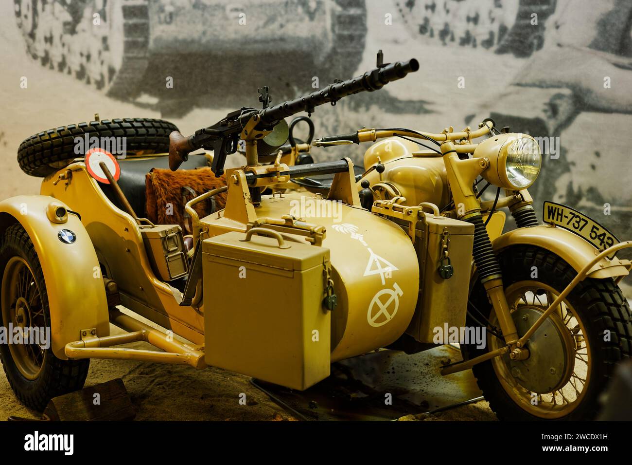 American Heritage Museum - Hudson, Massachusetts. A German Nazi Kettenkrad Italeri 7404 combat motorcycle and sidecar with machine gun mounted to the Stock Photo