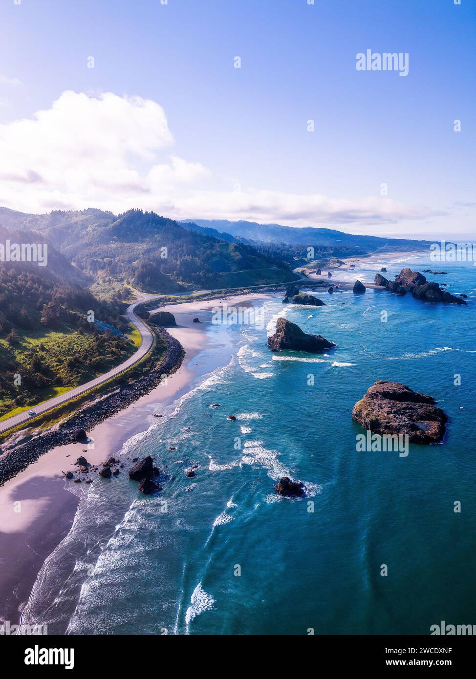 A fine art landscape photography image of the dreamy and softly lit Oregon Coastline on a bright and vibrant Spring day. Stock Photo