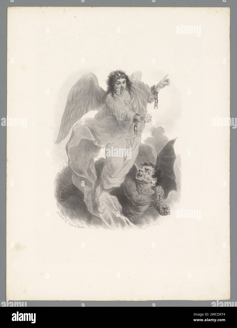 Angel with broken chains and devil, Célestin François Nanteuil, 1823 - 1873 print   paper  angels. tools, aids, implements  crafts and industries: chain. devil(s) and demons Stock Photo