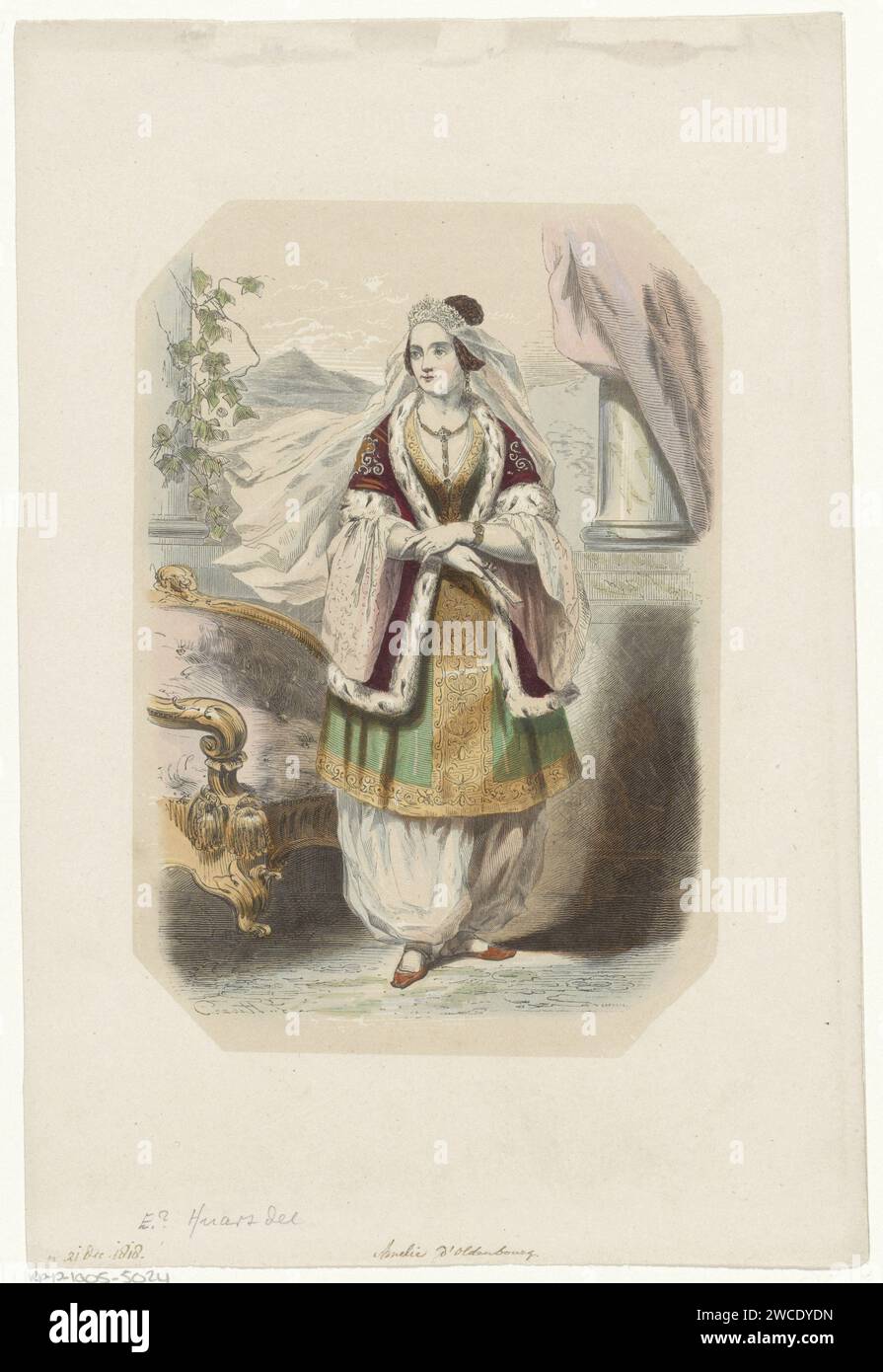 Portrait of Amalia van Oldenburg, Queen of Greece, J.L. Lacoste, After Huart, 1852 - 1869 print  Netherlands paper Stock Photo
