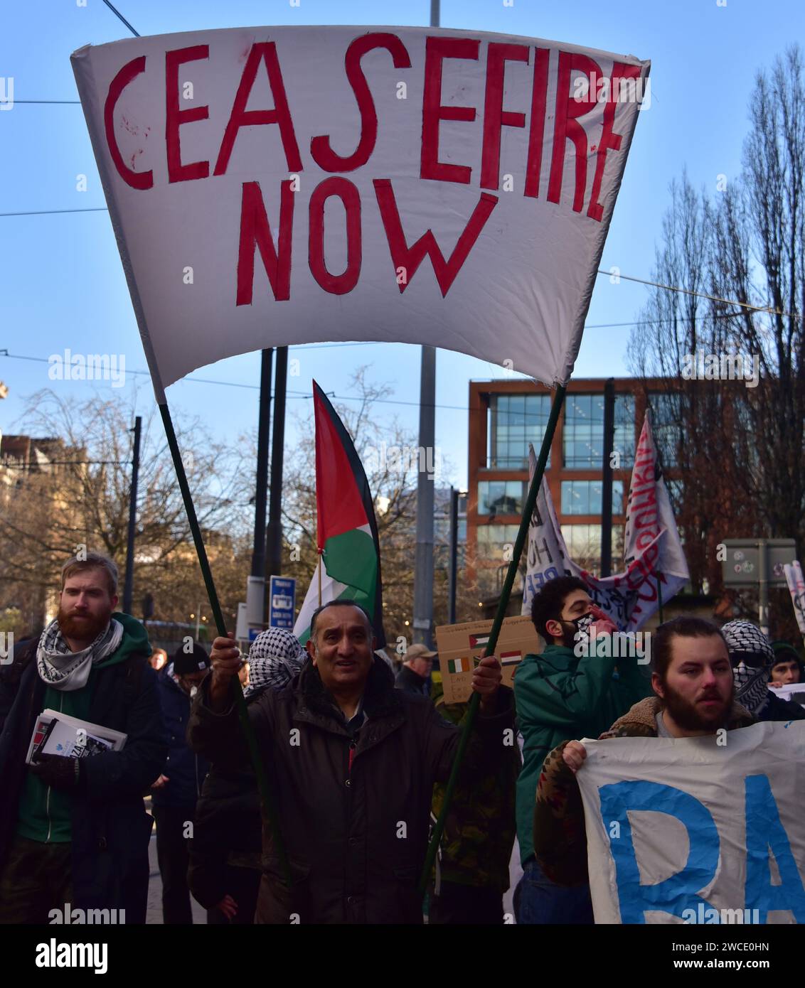 Pro-Palestine protest in central Manchester, UK, 15th January, 2024, a