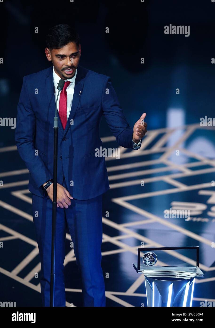 Guilherme Madruga speaks on stage after receiving the the Puskas Award