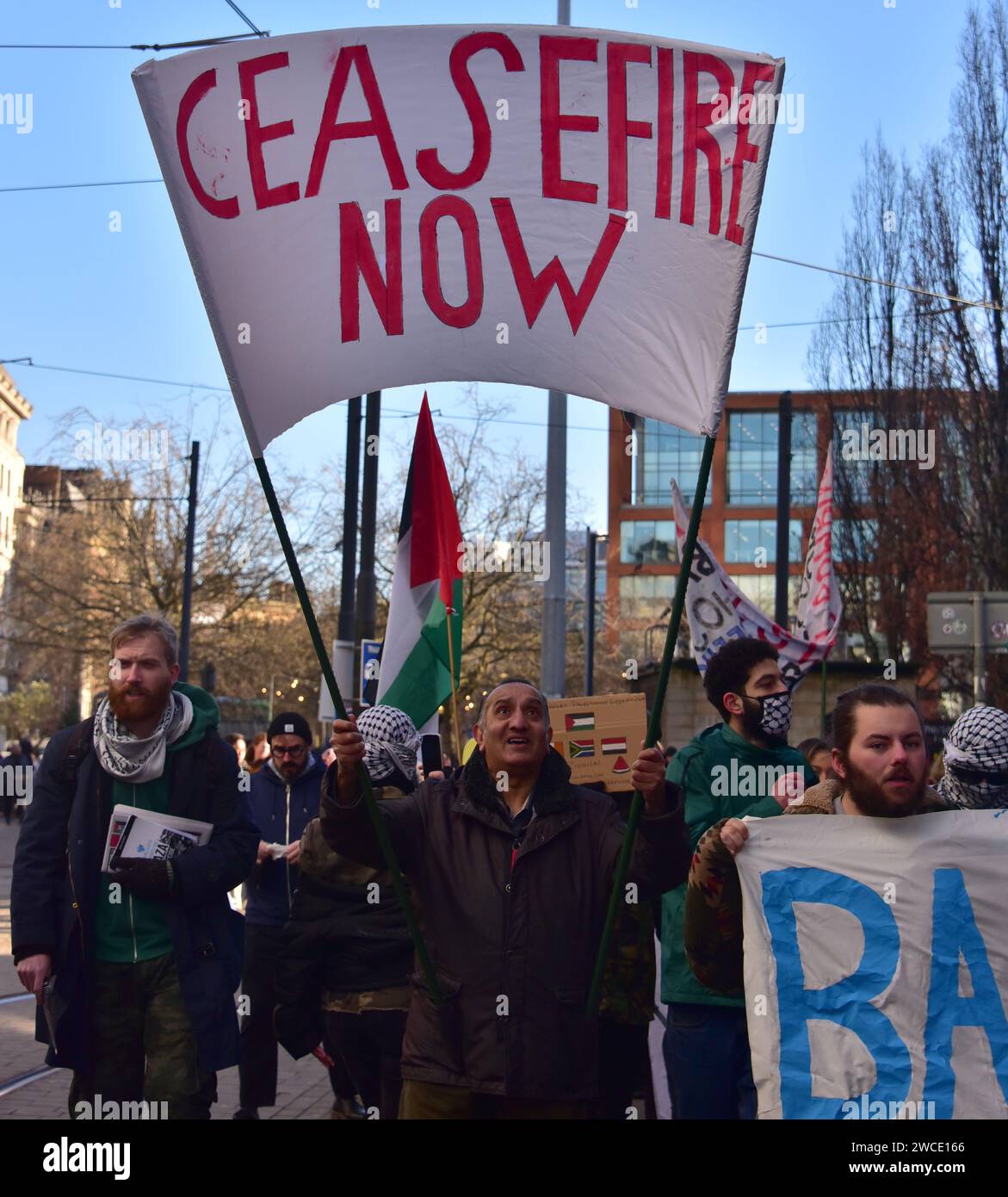 Pro-Palestine protest in central Manchester, UK, 15th January, 2024, a