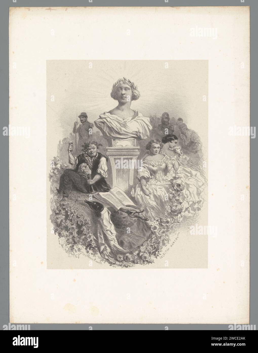 Bust surrounded by bacchus, two women and other figures, Célestin 