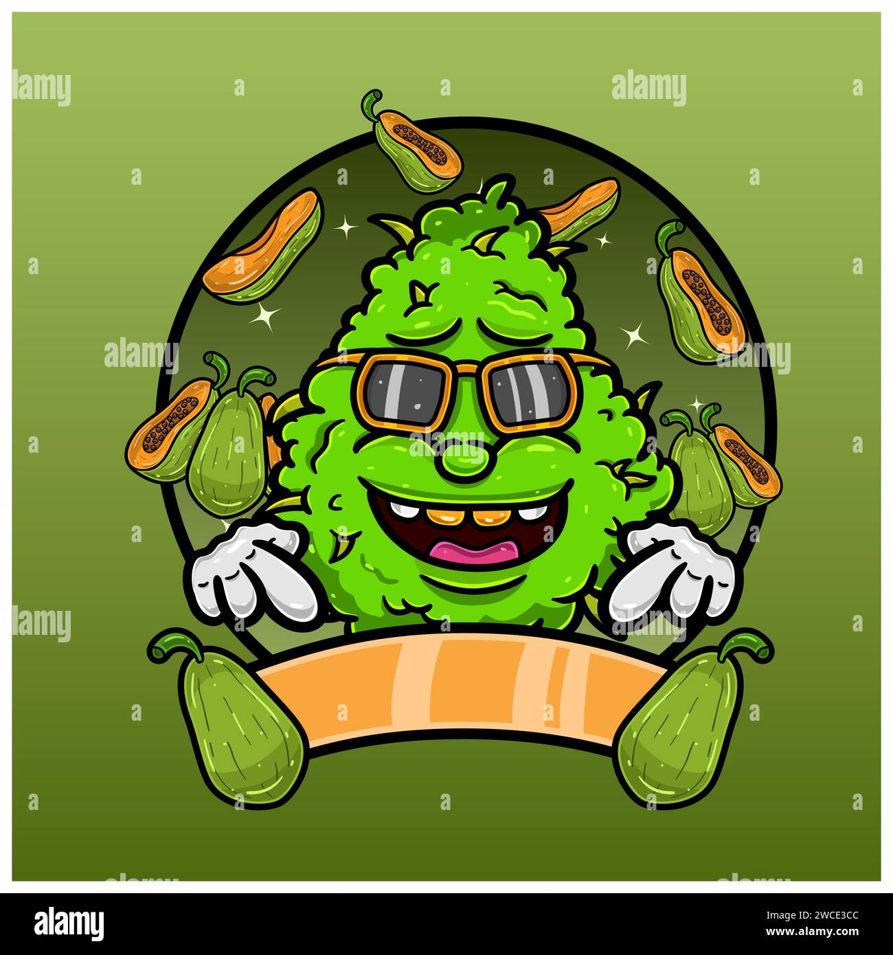 Papaya Flavor with Weed Mascot Cartoon. Weed Design For Logo, Label and Packaging Product. Vector and Illustration. Stock Vector