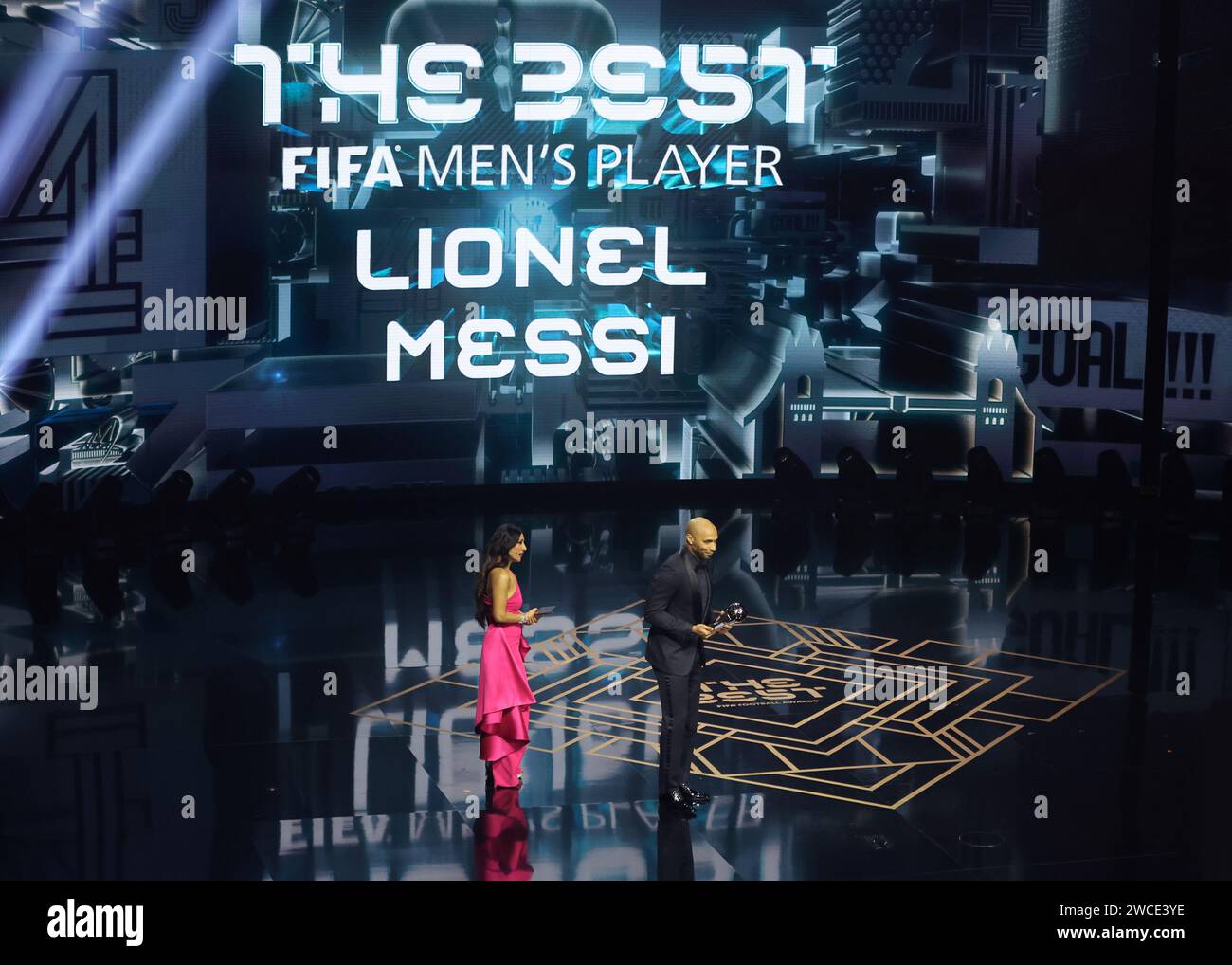 London, UK. 15th Jan, 2024. Thierry Henry collects the award on behalf of Lionel Messi who won